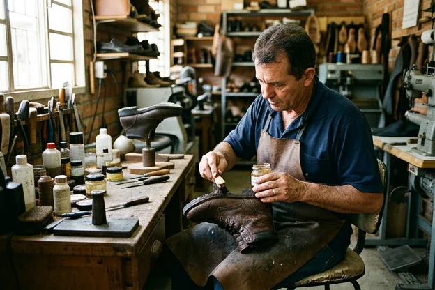 Profissional aplicando impermeabilizante em sapatos, focando na proteção.