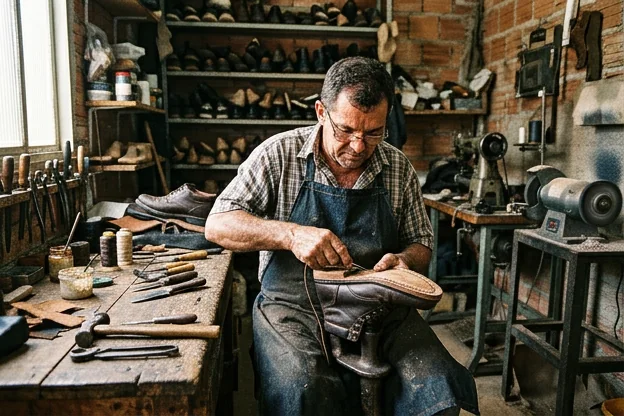 Sapateiro em ação, trabalhando nos calçados, refletindo a tradição artesanal.
