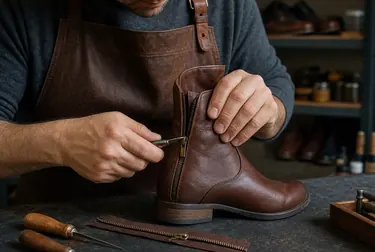 Specialist consertando o zíper de uma bota, ferramentas específicas.