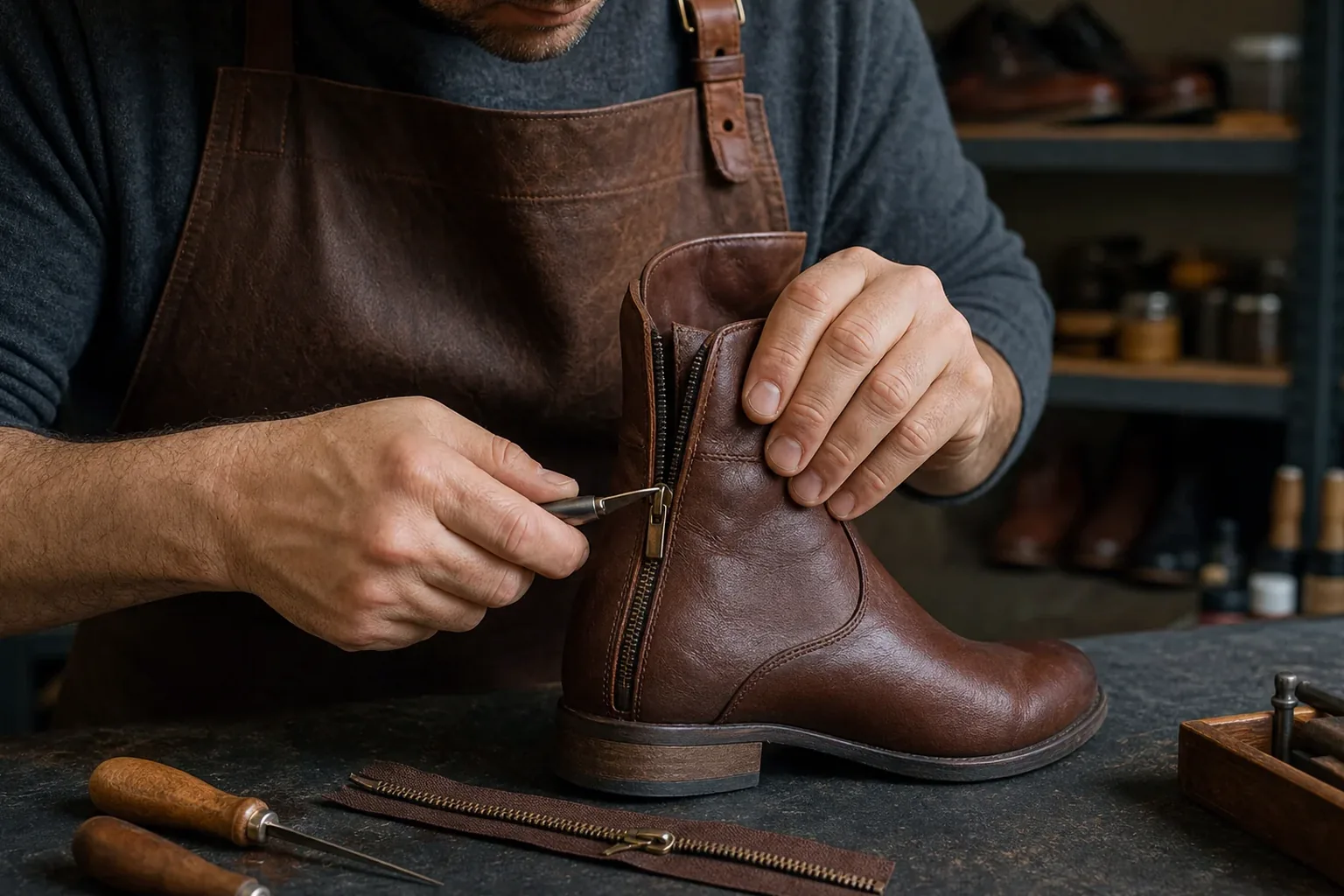 Specialist consertando o zíper de uma bota, ferramentas específicas.