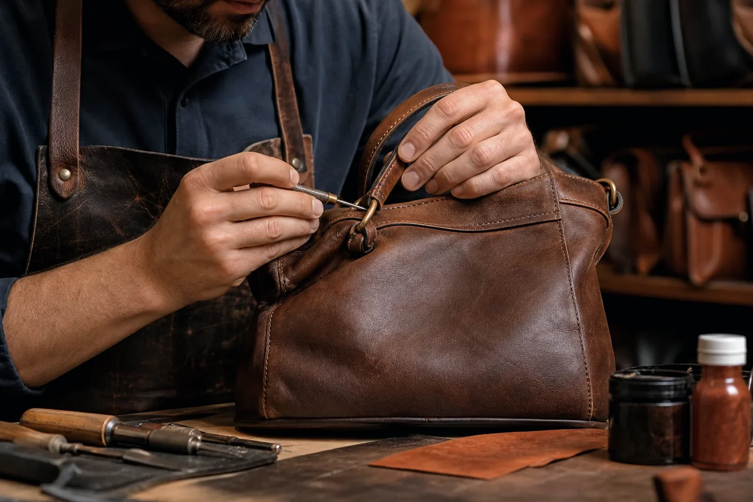 Técnico reformando bolsa de couro, atelier de sapateiro ao fundo.